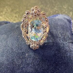 Vintage-Style Silver 925 with clear blue topaz stone Cocktail Ring - size-9